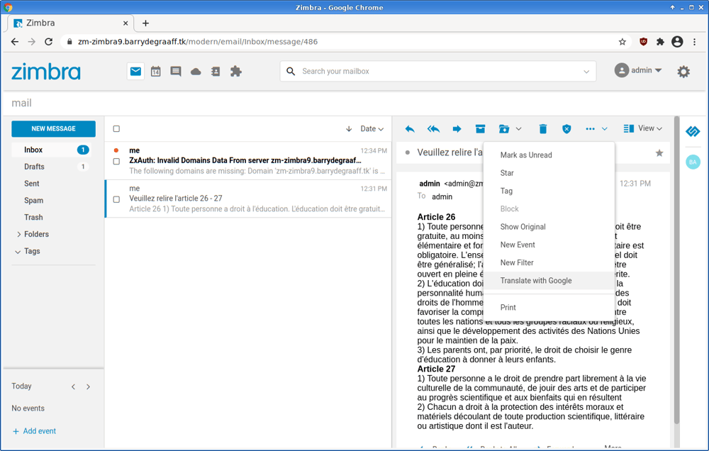 Google Translate Zimlet - Open the more menu and click Translate with Google
