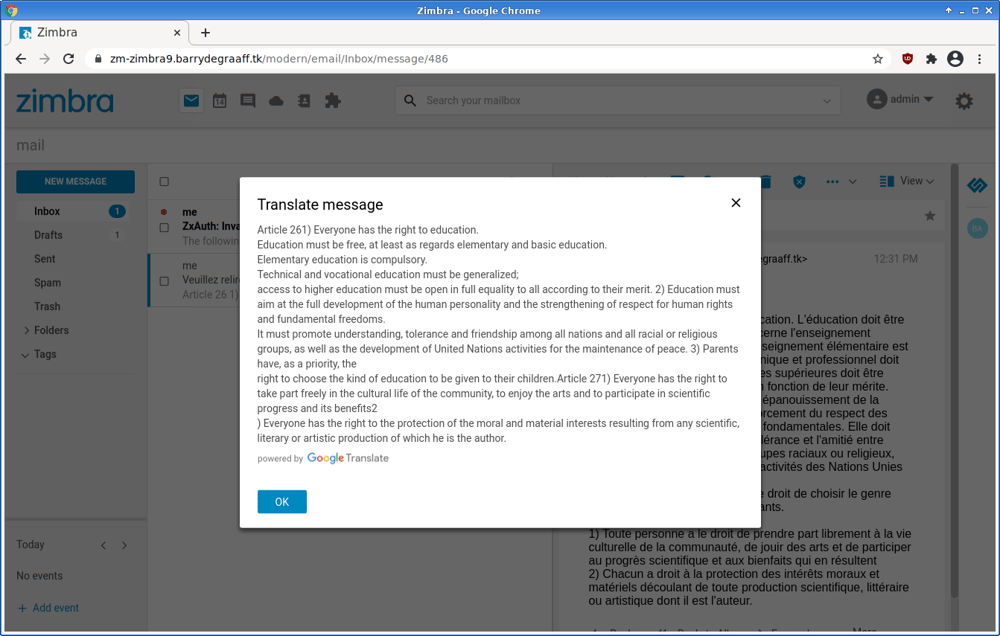 Google Translate Zimlet - Email Translated